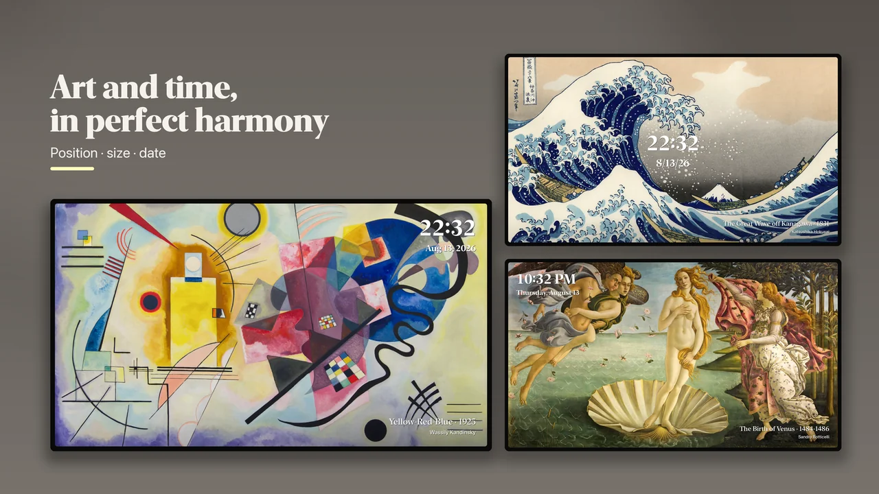 Three Home Museum screen examples showing different clock positions and date formats over Kandinsky, Hokusai and Botticelli artworks.